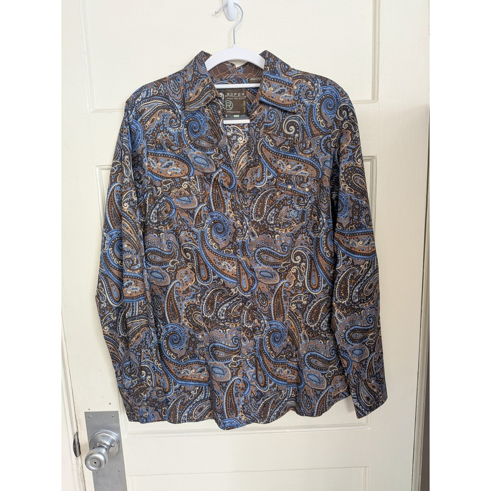 Roper Blue Brown Paisley Pearl Snap Western Shirt 100% Cotton Size Large